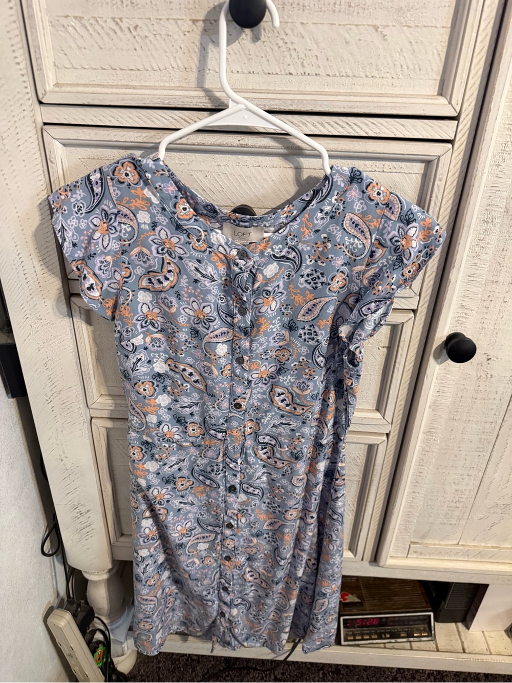 LOFT Light Blue Paisley Cap Sleeve Midi Dress with Peach Accents